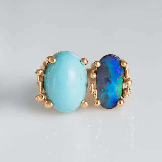 Boho dobbelt ring, turkis og mørk opal A2923-401