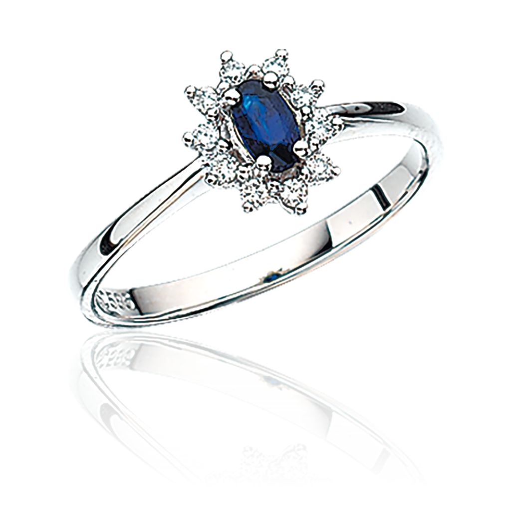 14 kt. hvisguld ring med safir og diamanter