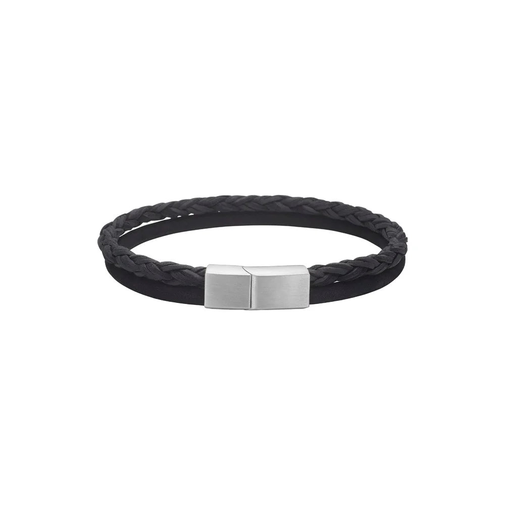 SON læderarmbånd i brunt kalveskind med flettet detalje og stållås